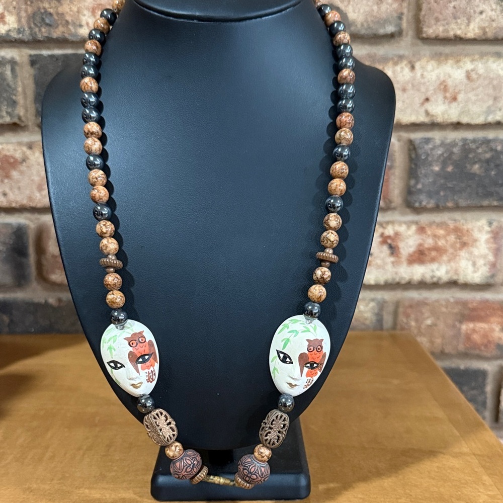 Vintage handcrafted beaded necklace hand-painted ceramic mask pendants owl motif